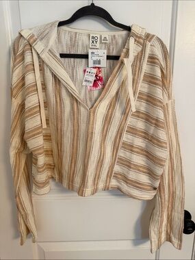 Roxy Striped Hooded Knit Top in Cream and Tan